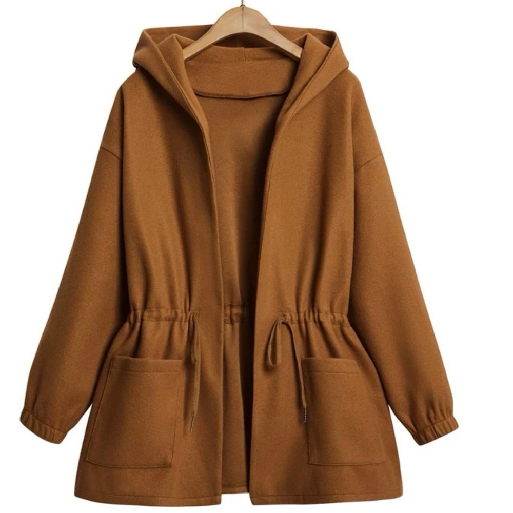 NWOT Double Pocket Drawstring Waist Drop Shoulder Hooded Overcoat